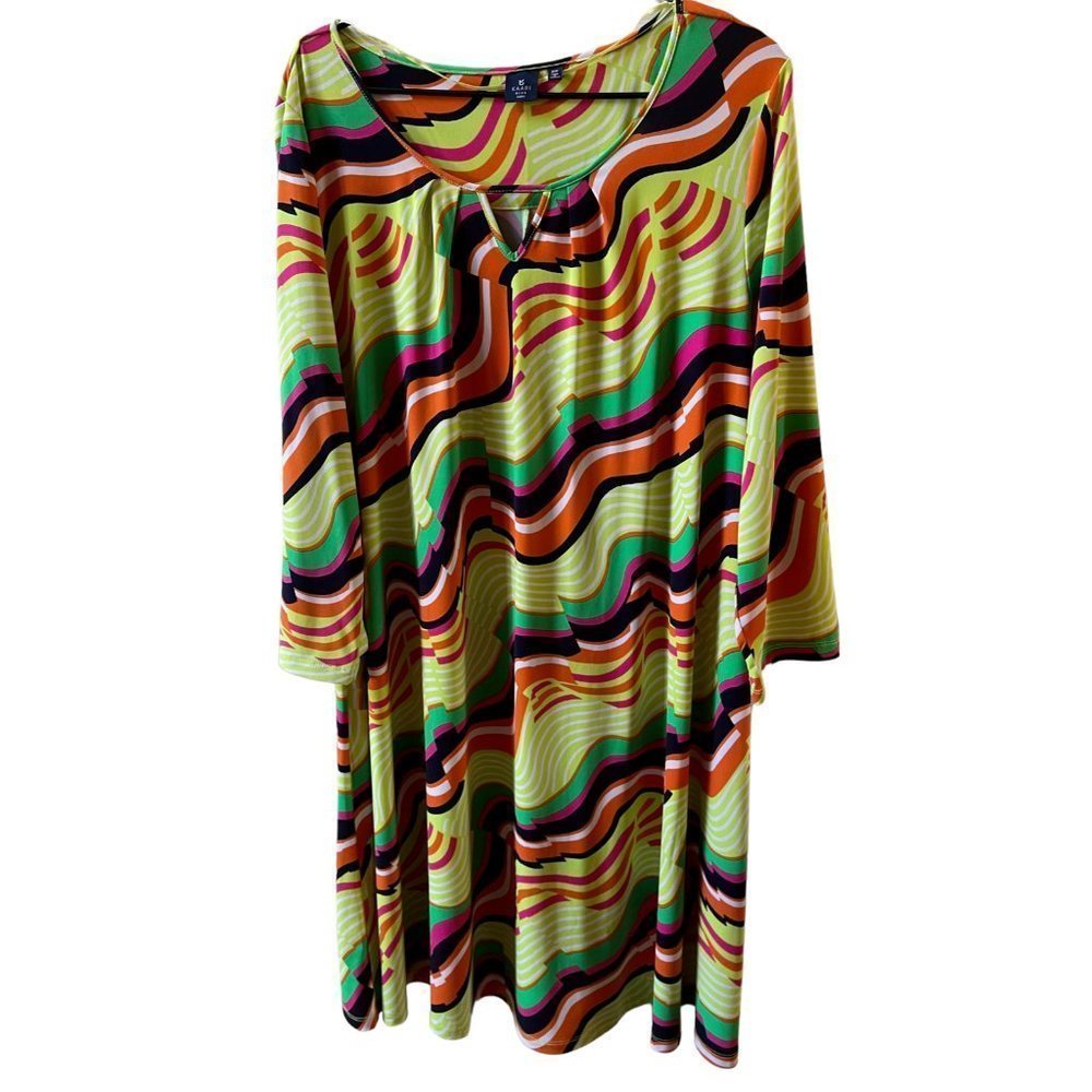 KAARI Blue Dress Keyhole Neck Stretch Comfort Geometric Multicolor Green Size 2X